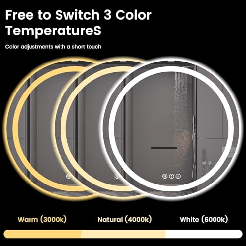 Round LED Bathroom Mirror with Lights, Backlit & Front Lighted, Wall-Mounted Vanity Mirror 3000K/4000K/6000K, Memory Functions, Anti-Fog, Dimmable Smart Mirror (Round 30" x 30") - size: 30"L x 30"W