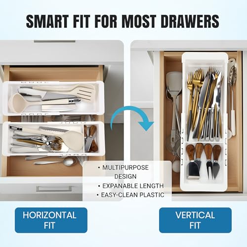 Enhon Deep Drawer Organizer Bins, Expandable Kitchen Tray | Adjustable Sliding Bins, Utensil BBQ Tool and Towel Storage, Kitchen Drawer Organization