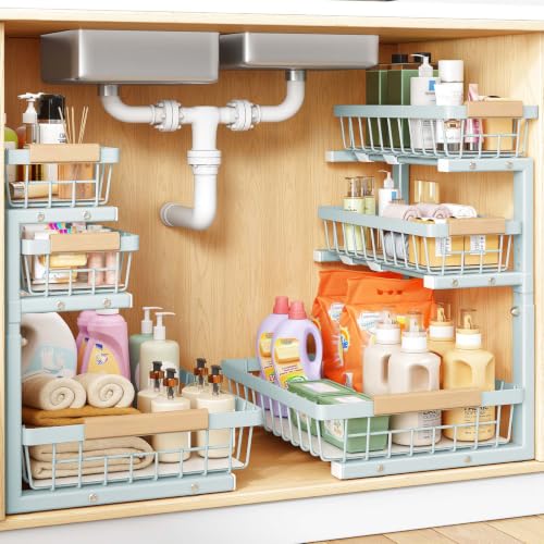 PXRACK Under Sink Organizer, 2-Pack 3-Tier Height Adjustable Thickened Metal Pull out Cabinet Organizer Shelf, Slide out Storage Drawer Rack for Bathroom Kitchen Pantry Home Organization, LightBlue - color: LightBlue, size: 2-Pack