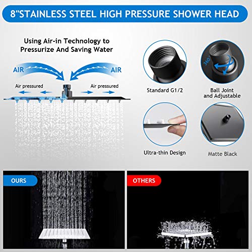 Shower Head Combo, 8 Inch High Pressure Rain with 11 Inch Adjustable Extension Arm and 5 Settings Handheld, Powerful Spray Against Low Water Pressure- Matte Black - color: Matte Black, size: 8" Showerhead Set