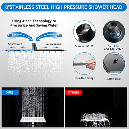 Shower Head Combo, 8 Inch High Pressure Rain with 11 Inch Adjustable Extension Arm and 5 Settings Handheld, Powerful Spray Against Low Water Pressure- Matte Black - color: Matte Black, size: 8" Showerhead Set