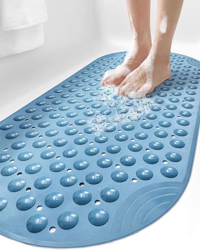DEXI Bathtub Mat Non Slip 16x35, Shower Floor Mats for Bathroom Bath Tub | Blue Washable Oval Bathmat, Suction Cups and Drain Holes to Keep Tubs Clean - color: All Blue