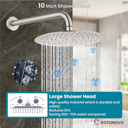 gotonovo High Pressure Shower System Valve and Trim Kit,Brushed Nickel | Round Rain 10 Inch Shower Head with Handheld Faucet Set Complete,Rough In Valve,2-in-1 Diverter,All Metal,Bathroom Wall Mount - color: Nickel
