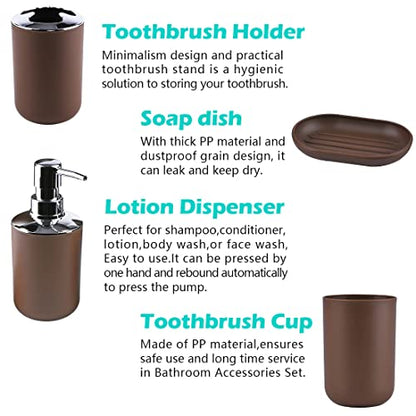 Compact 6-Piece Plastic Bathroom Accessories Set with Small Trash Can, Soap Dispenser, Toothbrush Holder, Cup, Soap Dish, Toilet Brush for Guest Bathroom Dorm Apartment (Coffee) - color: Coffee