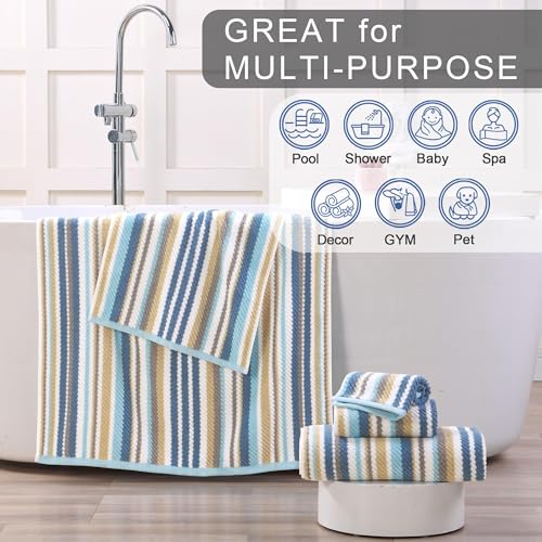 VOOVA & MOVAS Striped Towels 6 Pack, 100% Cotton, Blue Gray Beige | Household & Guest Bathroom, Available in 13x13, 16x27, 28x52 In, Quick Dry, Soft, Absorbent, Bath Towels with Hanging Loops - color: Blue + Gray + Beige Striped, size: 6 PCS Bathroom Towe