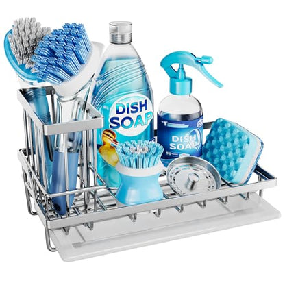 Consumest Sink Caddy, Kitchen Sponge Holder with Dish Brush Holder, Kitchen Sink Organizer with Drip Tray for Countertop Stainless Steel Rustproof, Silver-Large - color: Silver-l