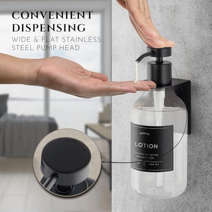 Shower Shampoo Dispenser Wall Mounted – 3 Refillable 16.9 oz Clear Bottles with Stainless Steel Pumps & No-Drill Adhesive Holders – Soap Dispenser Set for Bathroom (3 X Clear/Black) - color: 3 X Clear/Black