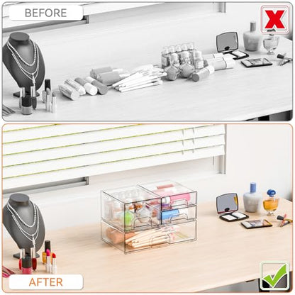 4 Pack Clear Stackable Storage Drawers,Acrylic Drawer Organizer for Medicine,Palettes,Hair Accessories and Makeup Organizer,Plastic Drawers for Cabinet,Office,Desk,Bathroom Storage Containers - style: 4 PACK