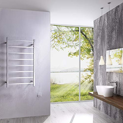 ANZZI Bell 8-Bar Wall Mounted Towel Warmer in Polished Chrome, Energy Efficient 80W Electric Plug in Heated Towel Rack for Bathroom, Steel Towel Heater Rail On/Off Switch Drying Rack, TW-AZ026CH - color: Chrome