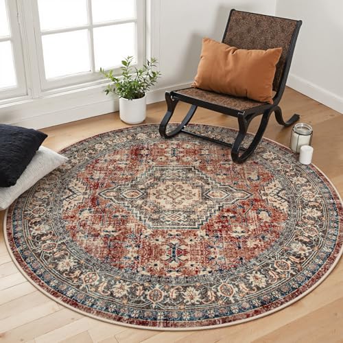 Lahome Oriental Washable Round Area Rug, Non-Slip Round Rugs 6ft Ultra-Thin, Soft Large Throw Circle Carpet for Living Room Bedroom Kitchen Nursery Eleanor, Brick Red - color: Brick Red, size: 6'(Round)