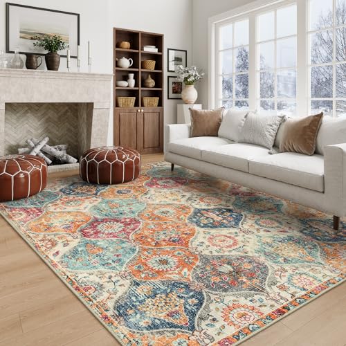 Lahome Moroccan 5x8 Area Rug, Ultra-Thin Washable Rugs for Living Room Bedroom, Soft Large Oriental Non-Slip Non Shedding Throw Large Carpet for Dining Room Office Elise, Cream/Multi - color: Burnt Orange/Teal Multi, size: 5' X 8' (Rectangular)