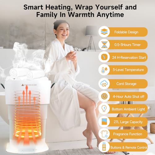 LIONROGE 27L Upgrade Foldable Towel Warmer for Bathroom with Handle- Heated Towel Warmers Bucket with Time Setting, Auto Shut Off,Fits Up to Two 40"X70" Oversized Towels, Bathrobes, Blankets