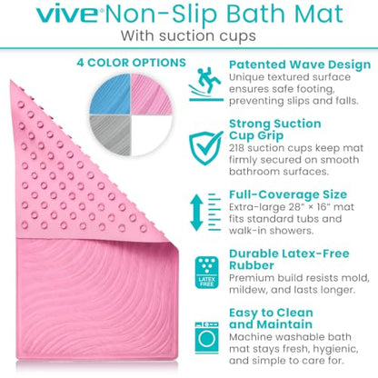 Vive Non-Slip Bath Mat with Suction Cups - 28" x 16" Extra Large Rubber Mat | For Safety & Comfort - Patented Grip Prevents Slips and Falls for Kids, Elderly, Men, Women - XL Non Skid Shower & Tub Cover - color: Pink