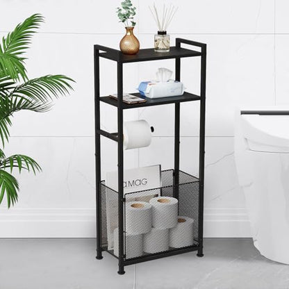 Free Standing Toilet Paper Holder Stand with Shelf, Bathroom Tissue Storage Stand Toilet Roll Dispenser Storage Rack for Phone, Wet Wipe, Bathroom Storage and Organizer Shelf for Small Space
