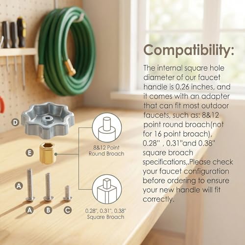 Outdoor Faucet Handle Compatible with Danco 10006, 8/12 Point Round Broach | With Adapter & Screws, Fits 0.26"/0.28"/0.31"/0.38" Square Broach, Universal Hose Bib Spigot Replacement Handle, Silver