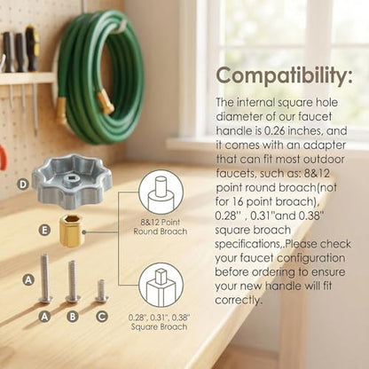 Outdoor Faucet Handle Compatible with Danco 10006, 8/12 Point Round Broach | With Adapter & Screws, Fits 0.26"/0.28"/0.31"/0.38" Square Broach, Universal Hose Bib Spigot Replacement Handle, Silver