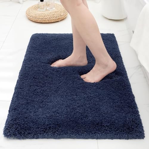 Bathroom Rugs Non Slip Washable, Ultra Thick Soft Microfiber Absorbent Bath Mats, High Density Foam Latex Non Slip Backing Bath Rugs, Fluffy Floor Carpet for Tub&Shower 24x17, Navy - color: Navy Blue, size: 24" X 17"(Small Bathroom Rug)
