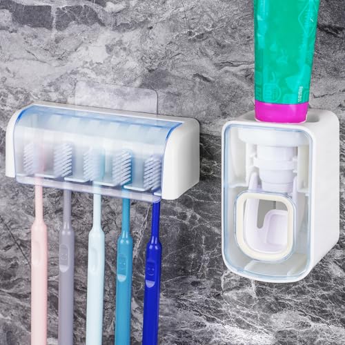 5 Slots Wall Mount Toothbrush Holder with Cover, Self Adhesive Toothbrush Storage Organizer for Shower, Toothbrush Hanger with Automatic Toothpaste Squeezer Dispenser(White + Blue) - color: White + Blue Combination