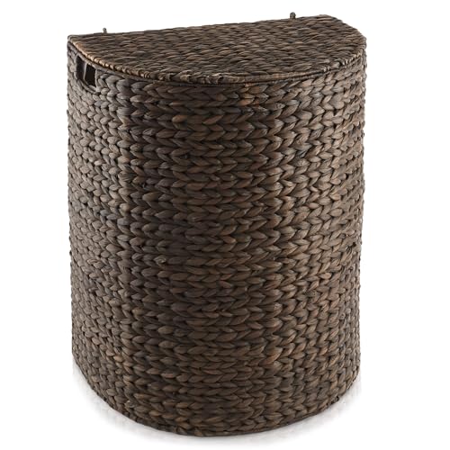 Casafield Half Moon Laundry Hamper with Lid and Removable Liner Bag - Espresso Dark Brown, Woven Water Hyacinth Laundry Basket for Clothes and Towels