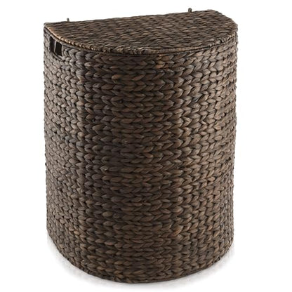 Casafield Half Moon Laundry Hamper with Lid and Removable Liner Bag - Espresso Dark Brown, Woven Water Hyacinth Laundry Basket for Clothes and Towels