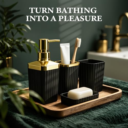 Bathroom Accessory Set, 6-Pcs Golden Black | Trash Can, Soap Dispenser, Toothbrush Holder & Cup, Soap Dish, Toilet Brush - color: Golden Black