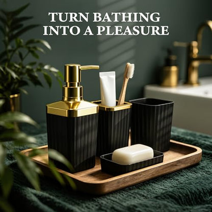 Bathroom Accessory Set, 6-Pcs Golden Black | Trash Can, Soap Dispenser, Toothbrush Holder & Cup, Soap Dish, Toilet Brush - color: Golden Black