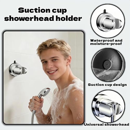 Vacuum Suction Cup Shower Head Holder, Adjustable Height No Drill Shower Arm Bracket with 360° Swivel, Handheld Shower Holder for Tile/Glass, Chrome Finish, Strong Hold for up to 11 lbs
