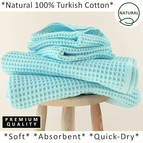 PÜSKÜL Natural 100% Turkish Cotton Waffle Towels Set of 4-Piece, Turquoise | 2-Bath sheet (Extra-large 32x63") and 2-Hand towel (Large 32x16"). Premium honeycomb-waffle weave, oeko-tex made in Turkiye. - color: Turquoise
