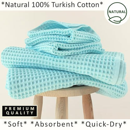 PÜSKÜL Natural 100% Turkish Cotton Waffle Towels Set of 4-Piece, Turquoise | 2-Bath sheet (Extra-large 32x63") and 2-Hand towel (Large 32x16"). Premium honeycomb-waffle weave, oeko-tex made in Turkiye. - color: Turquoise