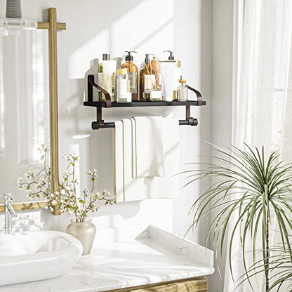 Love-KANKEI 17.3" Floating Wall Shelf Wood/Bracket,Coffee Bar,Black/Brown | Spice Rack,Towel Bar/8 Hooks,40 Lbs/shelf,Easy to Install,For Kitchen,Bathroom,Living Room,Bedroom,Office,Entryway Display - color: Black/Brown