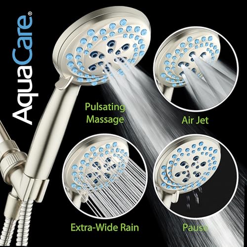 AquaCare New 8-mode High Pressure Handheld Shower Head w/ 2-way Power Wash | Stay Clean Nozzles, Dual Power Wash for Tub, Tile & Pets, Long 6 ft. Stainless Steel Hose, Wall & Overhead Brackets / Nickel - color: Nickel