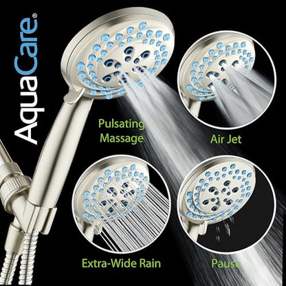 AquaCare New 8-mode High Pressure Handheld Shower Head w/ 2-way Power Wash | Stay Clean Nozzles, Dual Power Wash for Tub, Tile & Pets, Long 6 ft. Stainless Steel Hose, Wall & Overhead Brackets / Nickel - color: Nickel