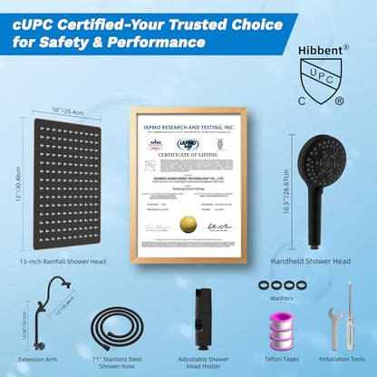 Hibbent High Pressue All Metal 12" Rainfall Shower Head, Handheld 10-Spray | cUPC Certified Oil-Rubbed Bronze Dual Showerhead Combo, 4-way Diverter with Pause Mode, Extension Arm, 71'' Hose & Holder - color: Oil Rubbed Bronze, style: Square 12"