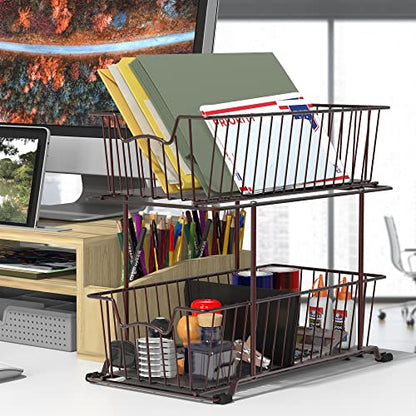 SimpleHouseware 2 Tier Cabinet Wire Basket Drawer Organizer, Brown - color: Brown