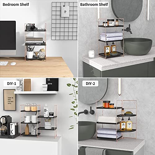 Plastic/Metal Freestanding Stackable Organizer Shelf,Bathroom Countertop Storage Shelf Cosmetic Organizer Holder Kitchen Spice Rack,3-Tier Standing Rack (Rose Gold@Black) - color: Rose Gold&black