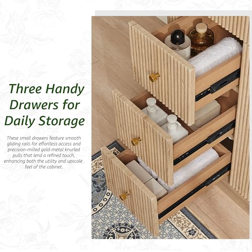 T4TREAM 72" Fluted Bathroom Vanity with 2 Single Sinks, Natural Oak | Integrated Ceramic Sink, Large Storage Cabinet, Adjustable Shelf, 3 Drawers, Three pre-drilled faucet holes, Mid-Century - color: Natural Oak, size: 72" (2 Single Sinks)