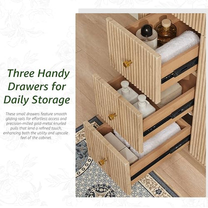 T4TREAM 72" Fluted Bathroom Vanity with 2 Single Sinks, Natural Oak | Integrated Ceramic Sink, Large Storage Cabinet, Adjustable Shelf, 3 Drawers, Three pre-drilled faucet holes, Mid-Century - color: Natural Oak, size: 72" (2 Single Sinks)