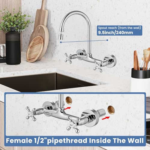 Airuida Chrome Polish Wall Mounted Kitchen Faucet,Utility Sink Faucet | 8 Inch Adjustable Center,360° Swivel Spout,Wall Mount Commercial Faucet,Double Cross Handle - color: Chrome Polish