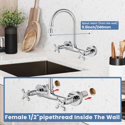Airuida Chrome Polish Wall Mounted Kitchen Faucet,Utility Sink Faucet | 8 Inch Adjustable Center,360° Swivel Spout,Wall Mount Commercial Faucet,Double Cross Handle - color: Chrome Polish