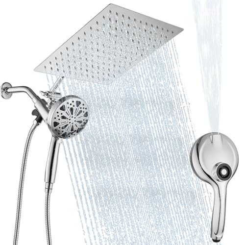 8 Inch High Pressure Rain Detachable Filtered Shower Head with Handheld Combo - 10 Spray Modes, Magnetic Docking, Power Jets, 11" Extension Arm & 60" Hose for Strong Water Flow