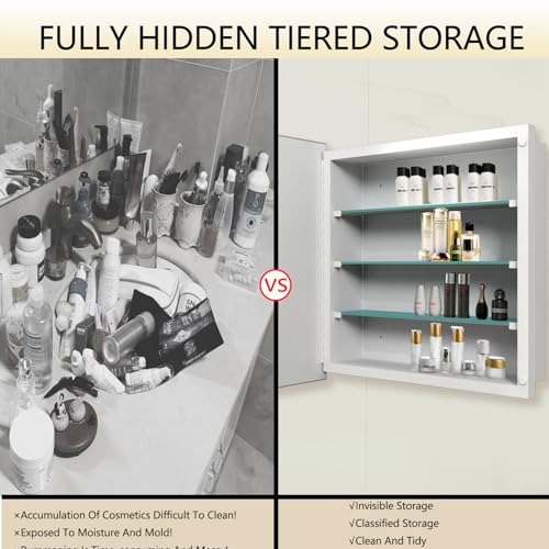 Bathroom Medicine Cabinet with 20x20 in Square Beveled Frameless Mirror,Wall Mounted Mirror Cabinet for Bathroom Toilet Kitchen,Recess or Surface Mount,Already Assembly - size: FMG-CM7005-2020