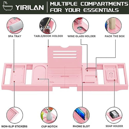Premium Bathtub Tray Caddy, Expandable Bath Tray | Unique House Warming Gifts, New Home, Anniversary and Wedding Gifts for Couple, Pink - color: Pink