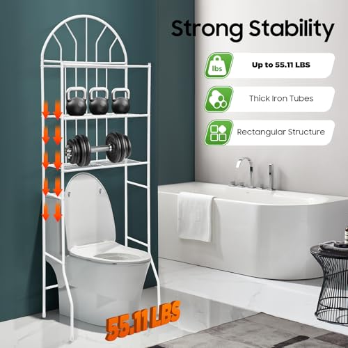 Over Toilet Storage Organizer - 3-Tier Bathroom Shelf Unit with 35.4" Clearance, 55lb Capacity, White Freestanding Metal Rack for Toiletries & Towels
