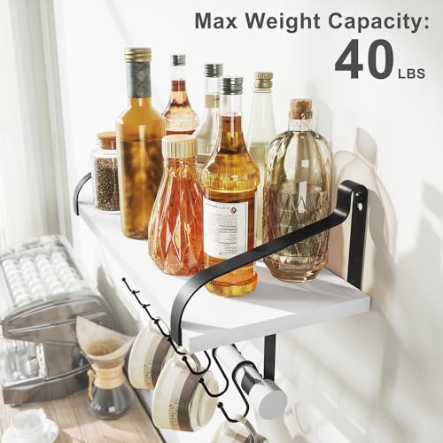 Love-KANKEI 17.3" Floating Wall Shelf Solid Wood/Bracket,Coffee Bar,White | Spice Rack,Towel Bar/8 Hooks,40 Lbs/shelf,Easy to Install,For Kitchen,Bathroom,Living Room,Bedroom,Office,Entryway Display - color: White