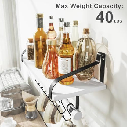 Love-KANKEI 17.3" Floating Wall Shelf Solid Wood/Bracket,Coffee Bar,White | Spice Rack,Towel Bar/8 Hooks,40 Lbs/shelf,Easy to Install,For Kitchen,Bathroom,Living Room,Bedroom,Office,Entryway Display - color: White