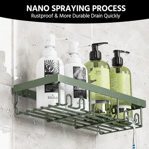 Moforoco 3-Pack Shower Caddy Basket Shelf with Soap Holder, No Drilling Traceless Adhesive Shower Wall Shelves, Rustproof Black Bathroom Shower Storage Organizer - color: Sage green