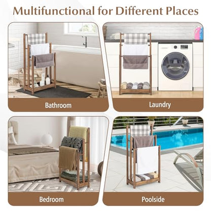Giantex 3 Tier Free Standing Towel Rack with Storage Shelf, Rustic Brown | Wood Bath Towel Drying Stand, Blanket Holder for Living Room, Laundry, Bathroom, Poolside, 18" L x 9" W x 34" H - color: Rustic Brown