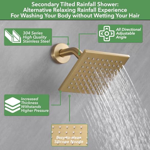 VANFOXLE Shower System, Brushed Gold Shower Faucet Set, Push Button Valve | 16 Inch Ceiling Mount Rain Head, 6 Inch Wall Mount Head, 2-in-1 Handheld Sprayer, Solid Brass Valve, Rust Resistant - color: Brushed Gold, style: 16"+6" Head