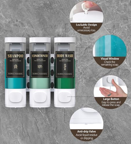 Luxspire Shampoo and Conditioner Dispenser, Shower Soap Dispenser 3-Chamber | Lockable Large Capacity 900ml No-Drill Wall-Mounted Shampoo and Body Wash Dispenser for Bathroom Hotel Kitchen Airbnb - color: White, size: 3 Chamber