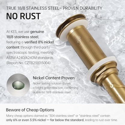 KES Brushed Gold Bathroom Pop Up Drain with Extended Thread, No Overflow | All-Metal Brass & Stainless Steel, Fits 1.6-1.9 In Sink Hole, Up To 3.94 In Thick Countertops, Easy Install - color: Brushed Gold, style: NO Overflow, Long Thread